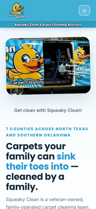 Squeaky Clean Carpet Cleaning website on a phone — a real WatchLocal client site