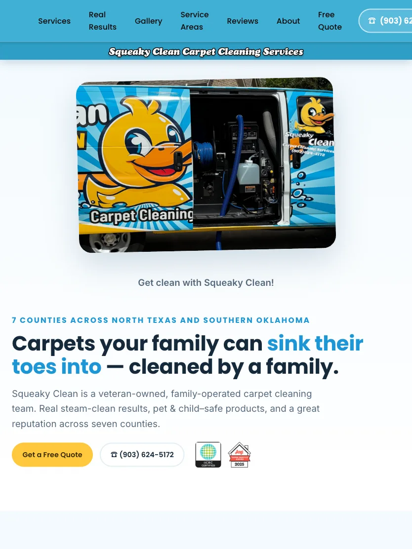Squeaky Clean Carpet Cleaning website on a tablet — a real WatchLocal client site